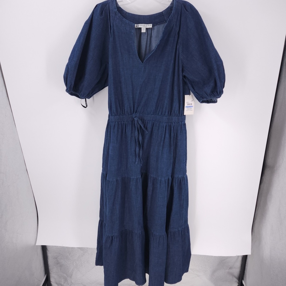 Anne Klein Jeans Puff Sleeve Tiered Denim Midi Dress Dark Wash Womens Size XL - Picture 2 of 12